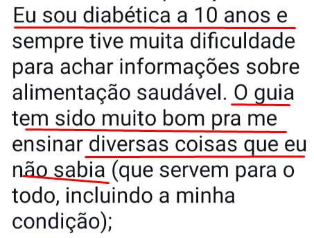 Mensagem de aluna diabética há 10 anos sobre o que aprendeu no material.